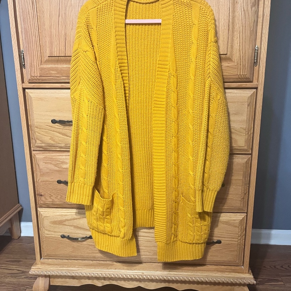 Vibrant Yellow Cable Knit Cardigan Sweater
